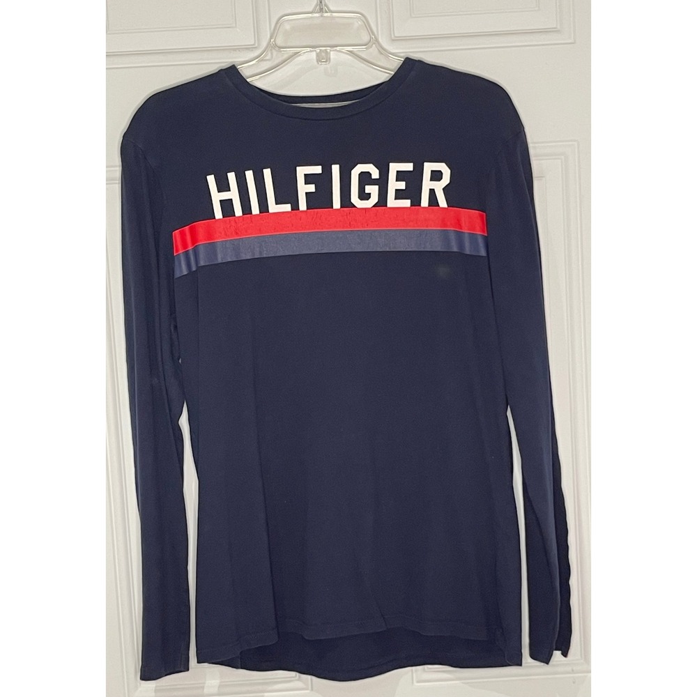 Tommy Hilfiger Men's Medium Navy Blue Long Sleeve Graphic Stripe T-Shirt